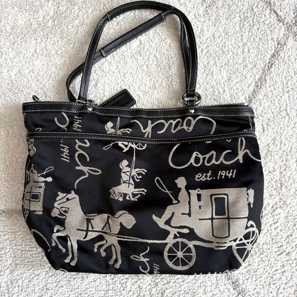 Coach Legacy Black Canvas Tote Bag Horse & Carriage Graphic Print Est. 1941 - Picture 5 of 7